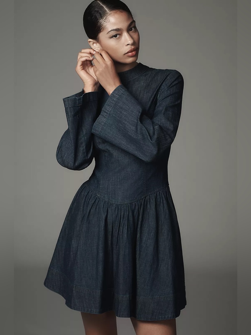 Dark Denim Long-Sleeve Mini Dress - Blue